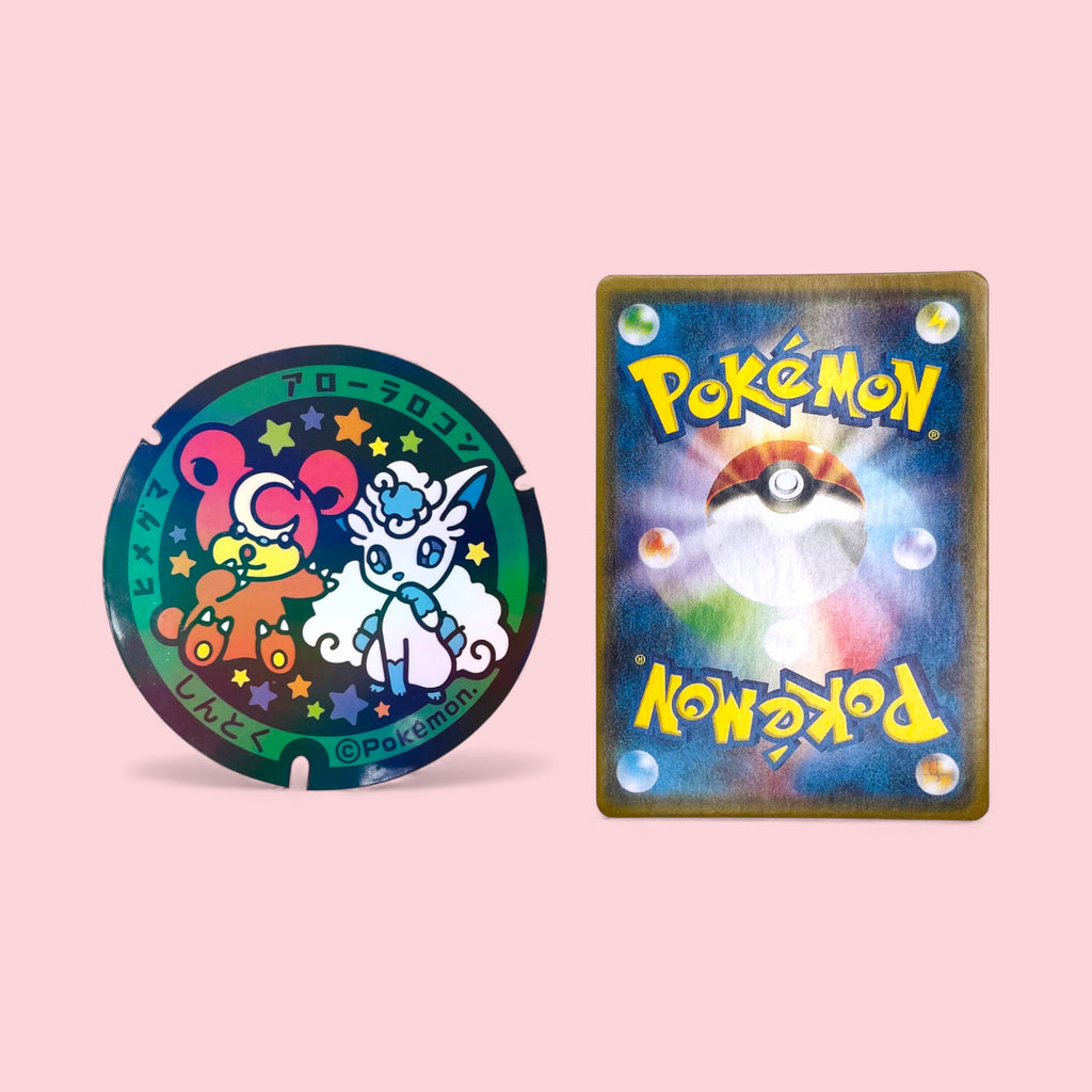 Alolan Vulpix Teddiursa Pokelid Japan Sticker next to Pokemon card