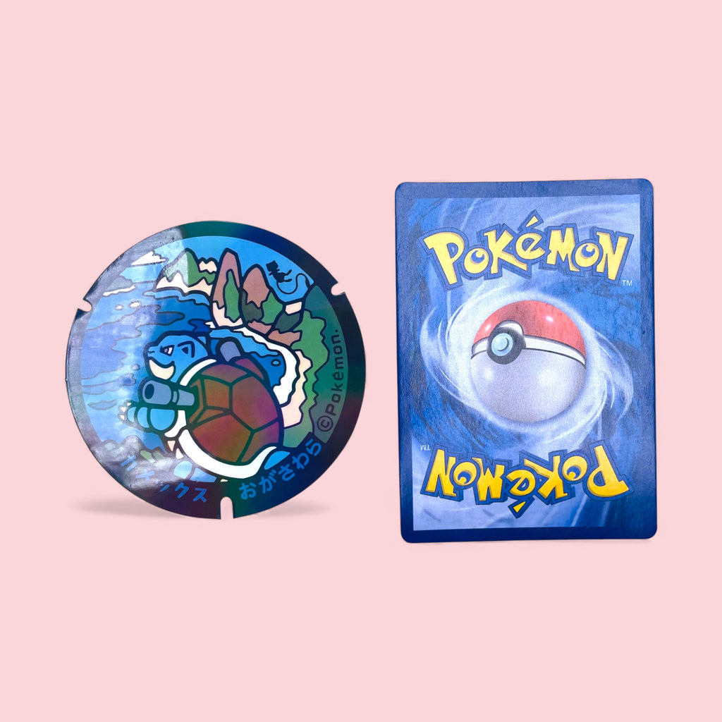 Blastoise Pokelid Japan Vinyl Sticker Holographic Decal next to Pokemon card