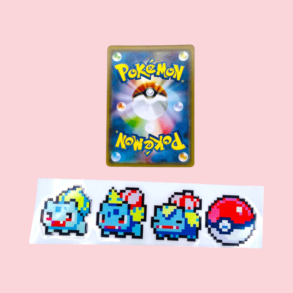 Bulbasaur Ivysaur Venusaur Vinyl Sticker 8 Bit Retro Pixel Art next to Pokemon card