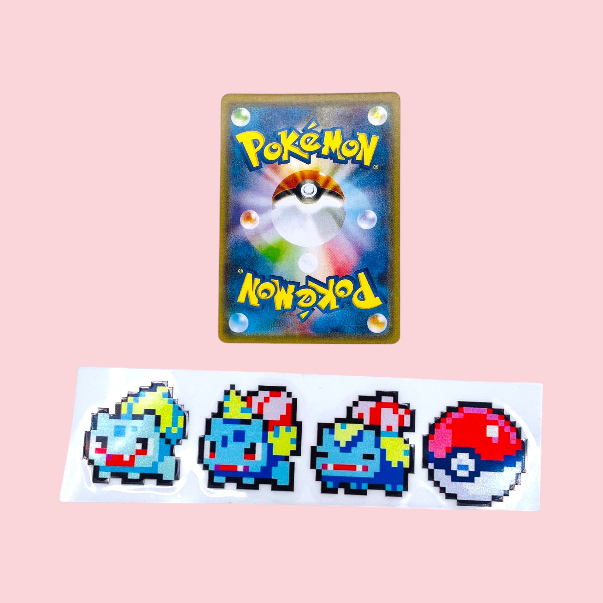Bulbasaur Ivysaur Venusaur Vinyl Sticker 8 Bit Retro Pixel Art next to Pokemon card