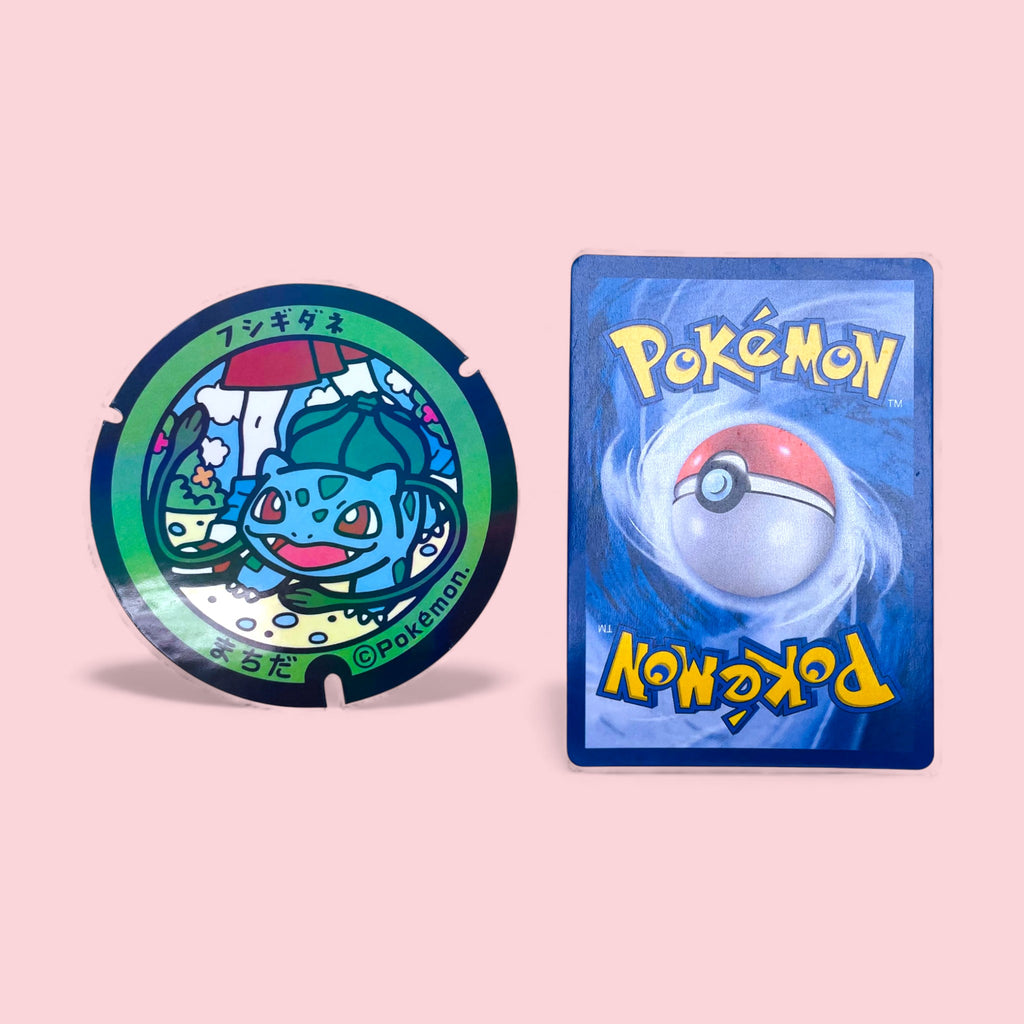 Bulbasaur Japanese Pokelid Fukidane Sticker Holographic Gamer Decor next to Pokemon card