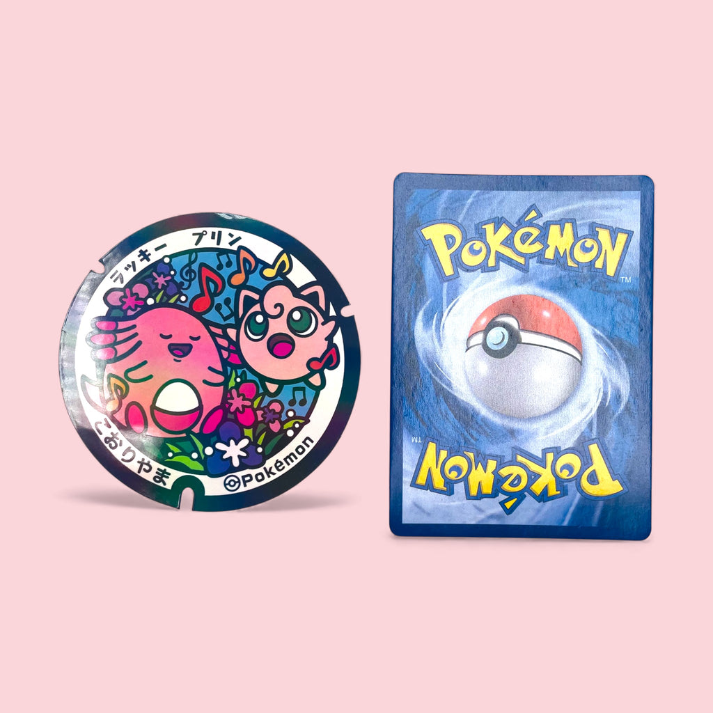 Chansey Jigglypuff Poke-Lid Sticker Koriyama Japan Kawaii Decal next to Pokemon card