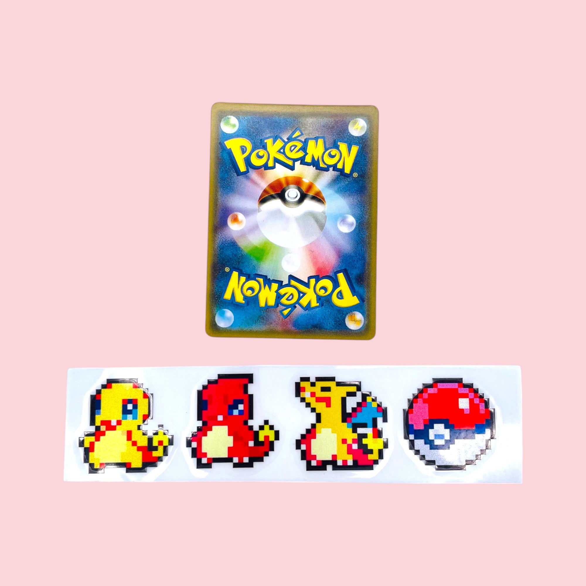 Charmander Charmeleon Charizard 8Bit Evolution Vinyl Sticker next to Pokemon card