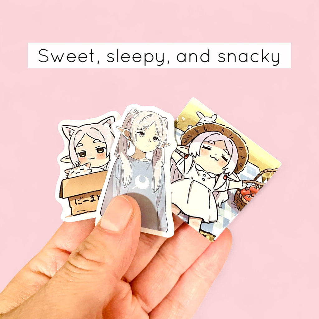 Close up of pastel anime elf mage chibi stickers with kawaii expressions