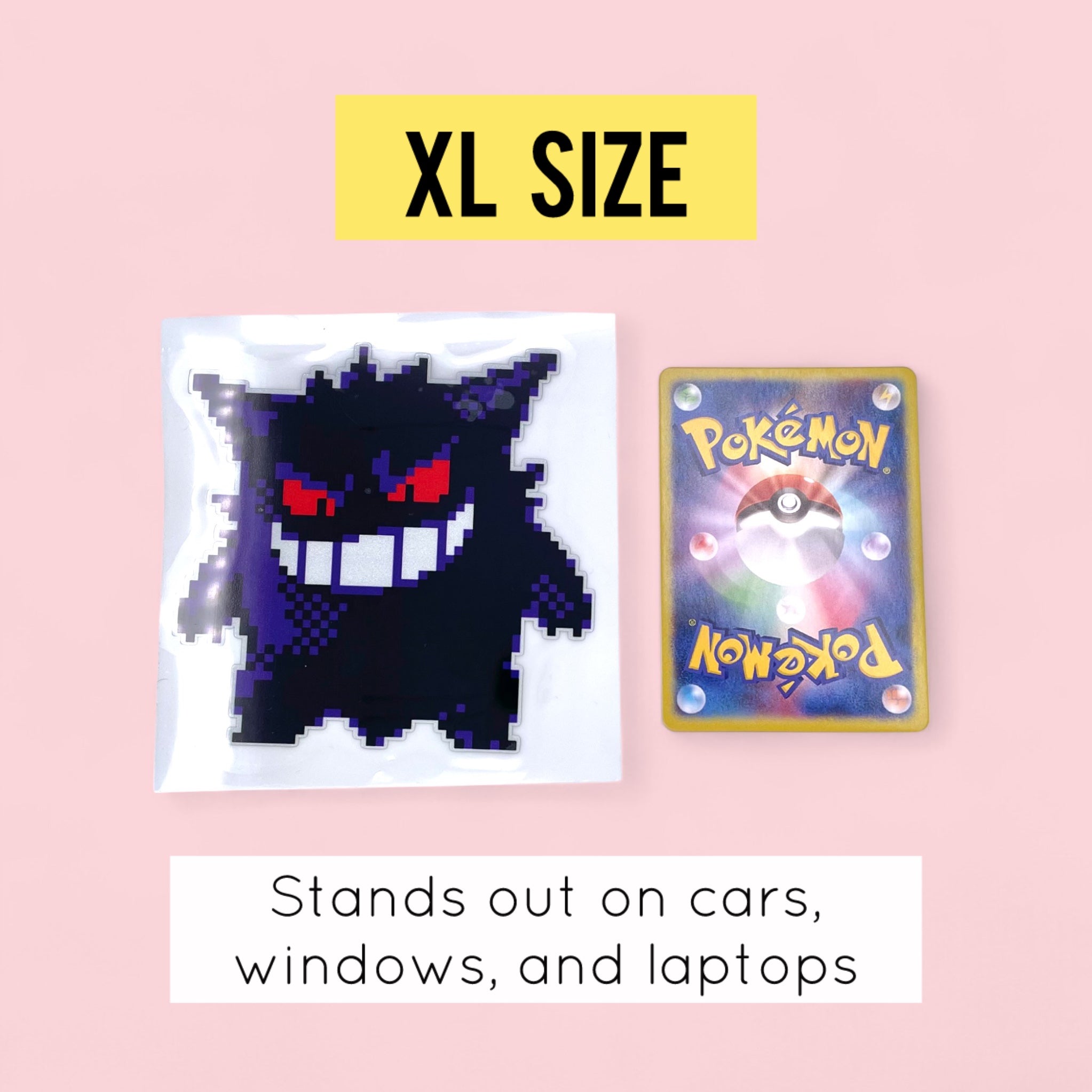 Gengar Retro 8Bit Car Decal Vinyl Sticker beside a Pokemon Card