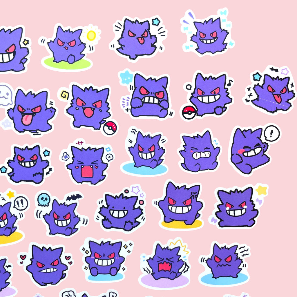 40 Gengar chibi mini stickers arranged in a kawaii pastel collection