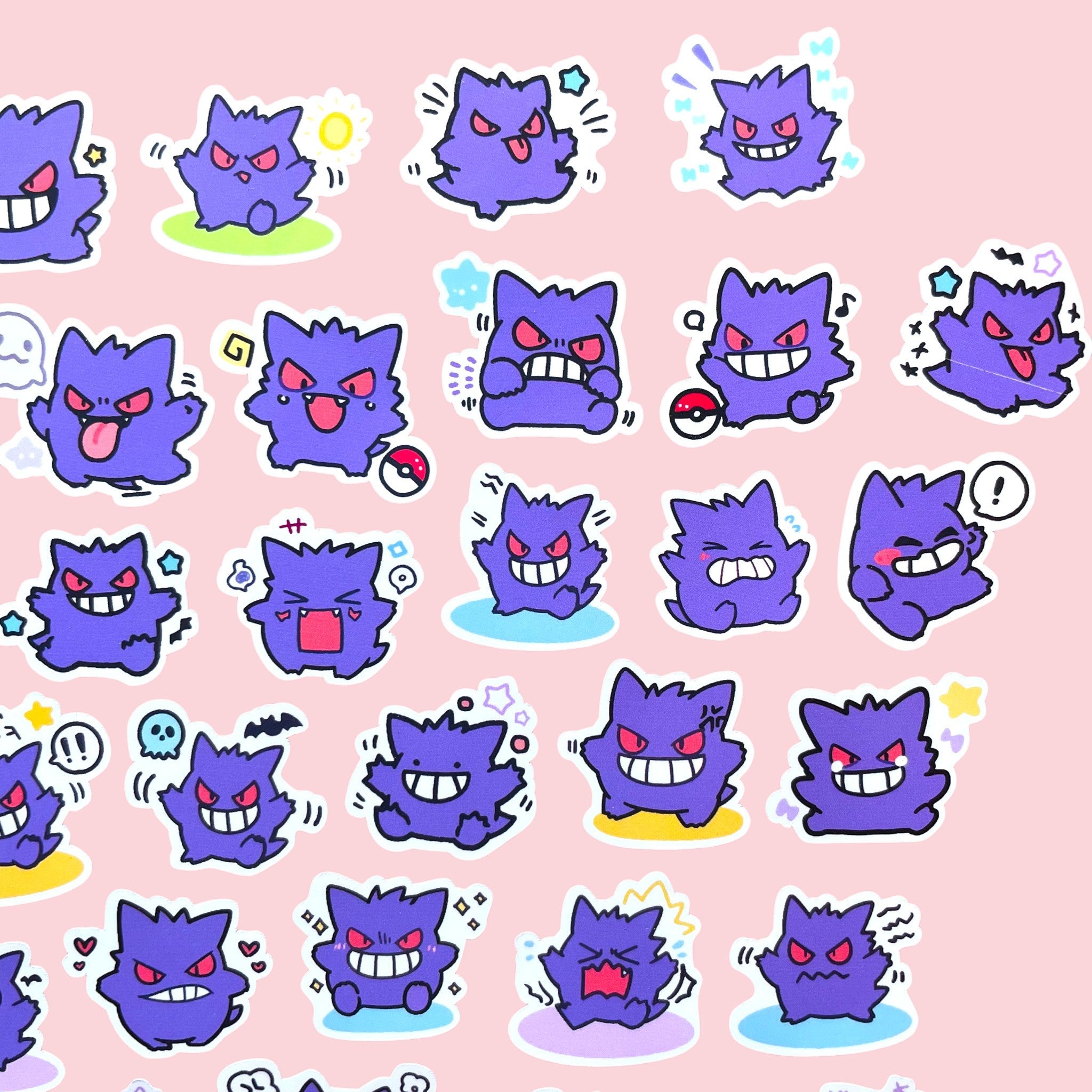 40 Gengar chibi mini stickers arranged in a kawaii pastel collection