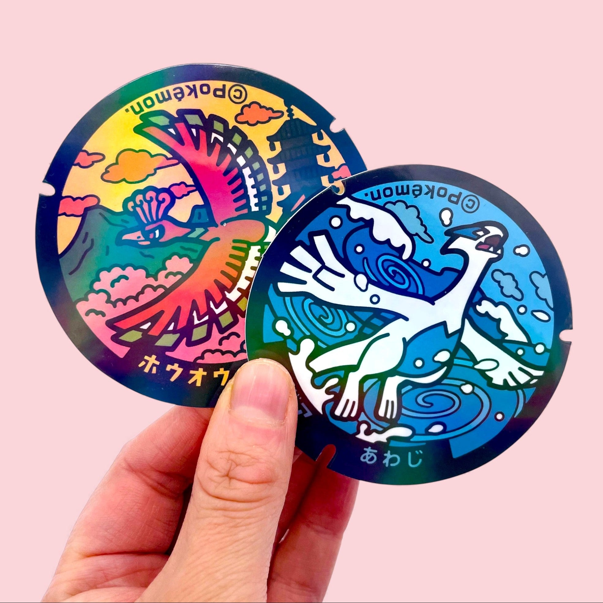 Lugia Hooh Legendary Pokelid Holographic Japan Stickers in Hand