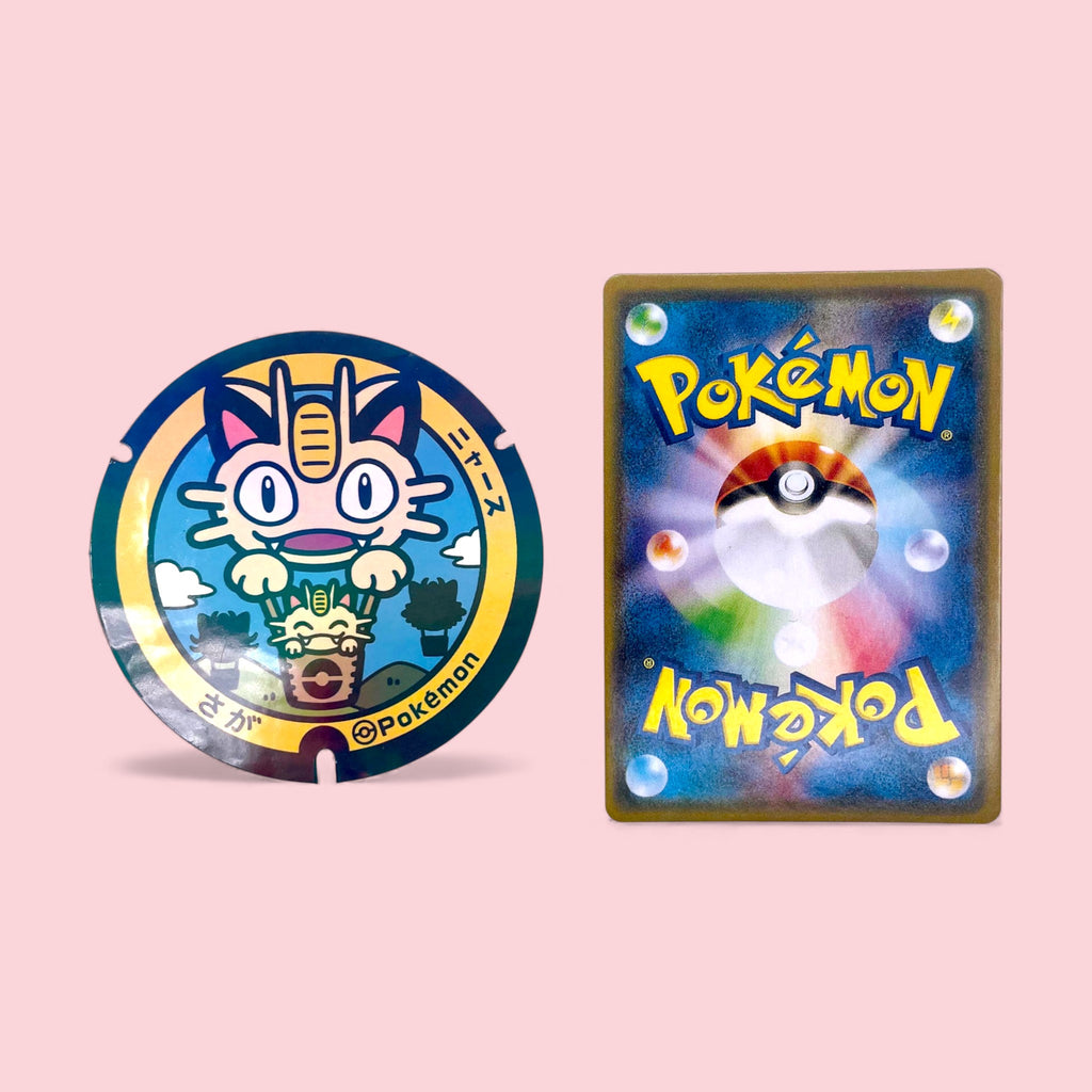 Meowth Poke-Lid Holographic Stickers Japan next to Pokemon card