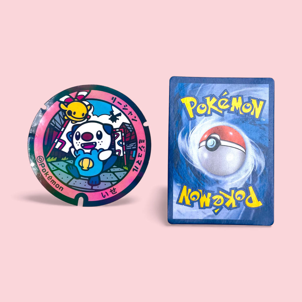 Oshawott & Chingling Poke-Lid Sticker Ise Japan Holographic Decal next to Pokemon card