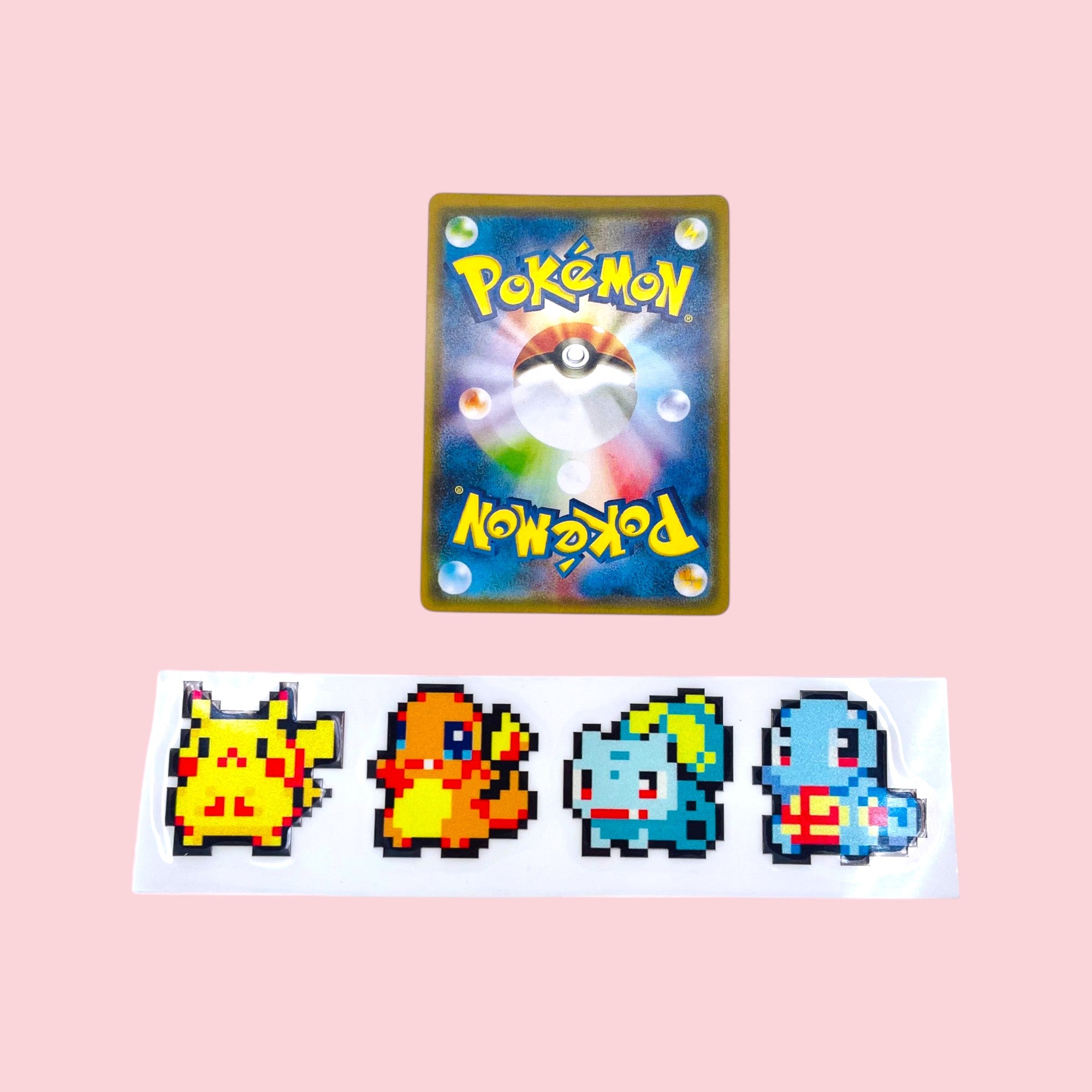 Pikachu Charmander Bulbasaur Squirtle Gen 1 Starters 8Bit Retro Gaming Vinyl Sticker next to Pokemon card