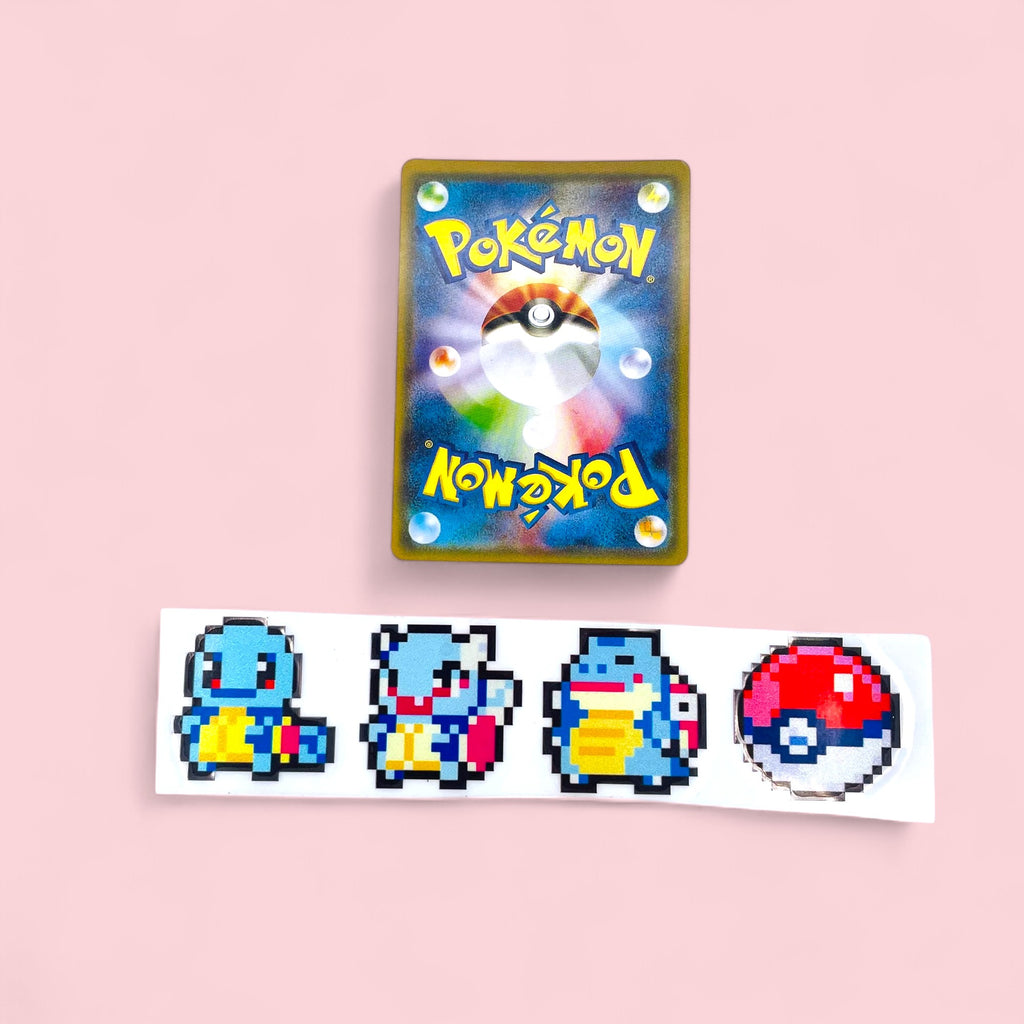Squirtle Wartortle Blastoise Evolution 8Bit Pixel Vinyl Sticker next to Pokemon card
