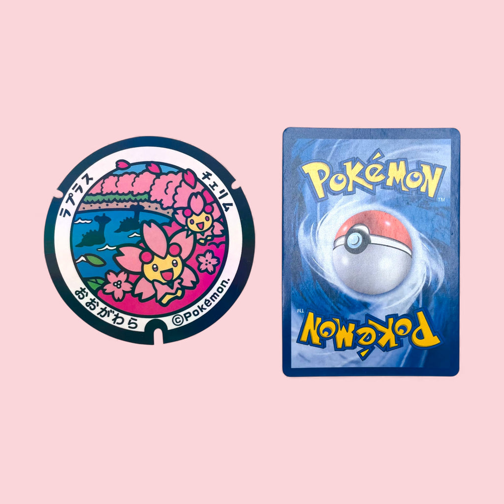 Sunshine Cherrim Poke-Lid Sticker (Ogawara, Japan) Kawaii Gaming Decal next to Pokemon card