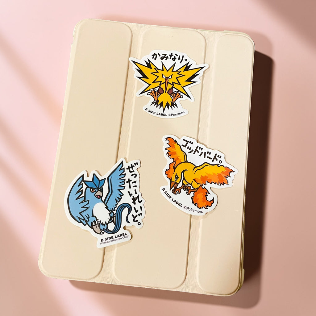 Zapdos, Articuno, and Moltres Japanese stckers on a tablet for kawaii decoration