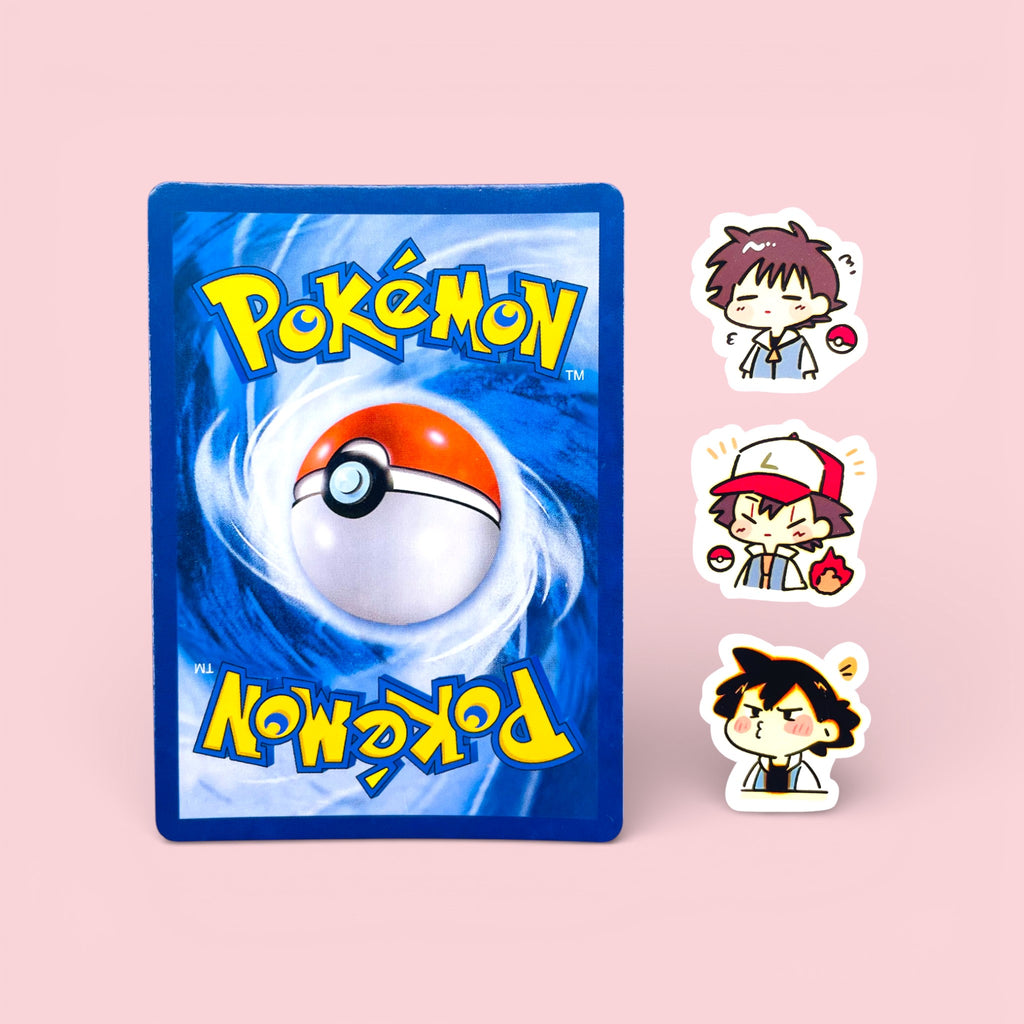 Ash Ketchum chibi trainer stickers in small size shown for size comparison
