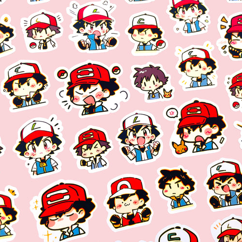 Ash Ketchum chibi trainer sticker set with 40 kawaii mood stickers for journals planners and toploaders