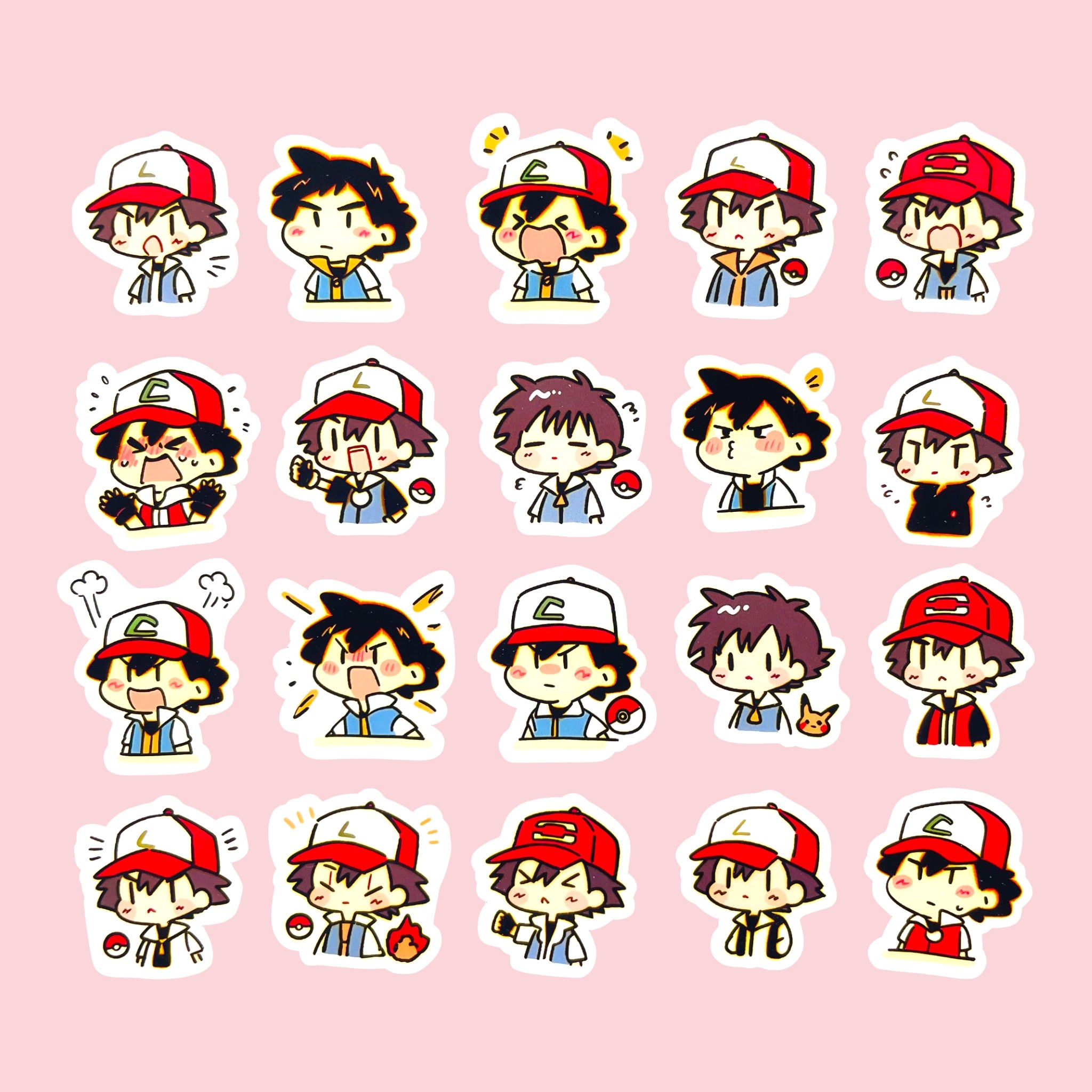 40 Ash Ketchum chibi trainer mood stickers arranged in a cute kawaii collection