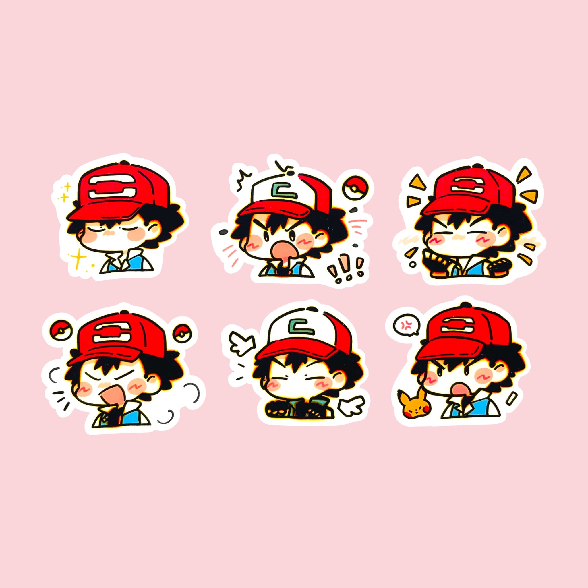 40 Ash Ketchum chibi trainer mood stickers arranged in a cute kawaii collection
