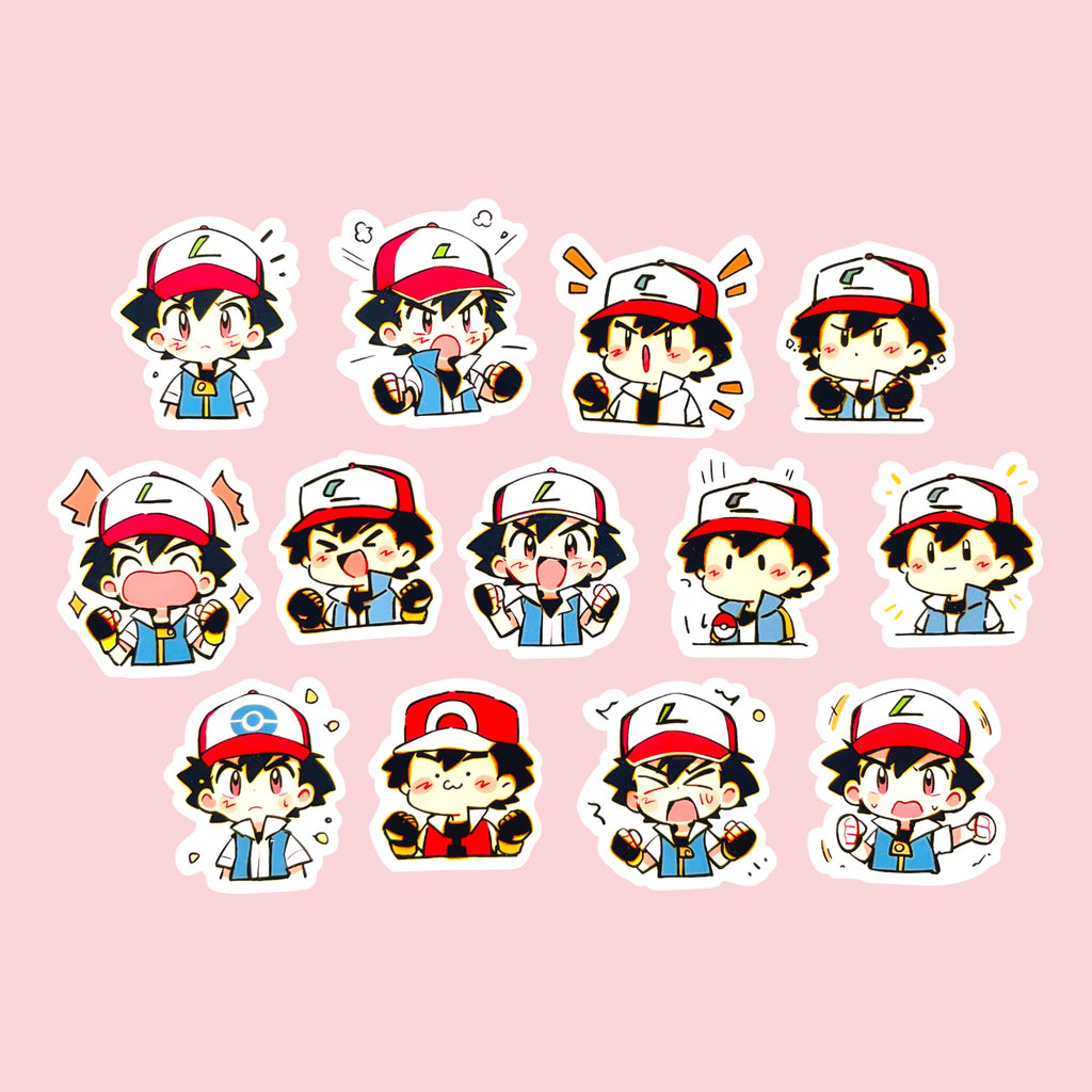 40 Ash Ketchum chibi trainer mood stickers arranged in a cute kawaii collection