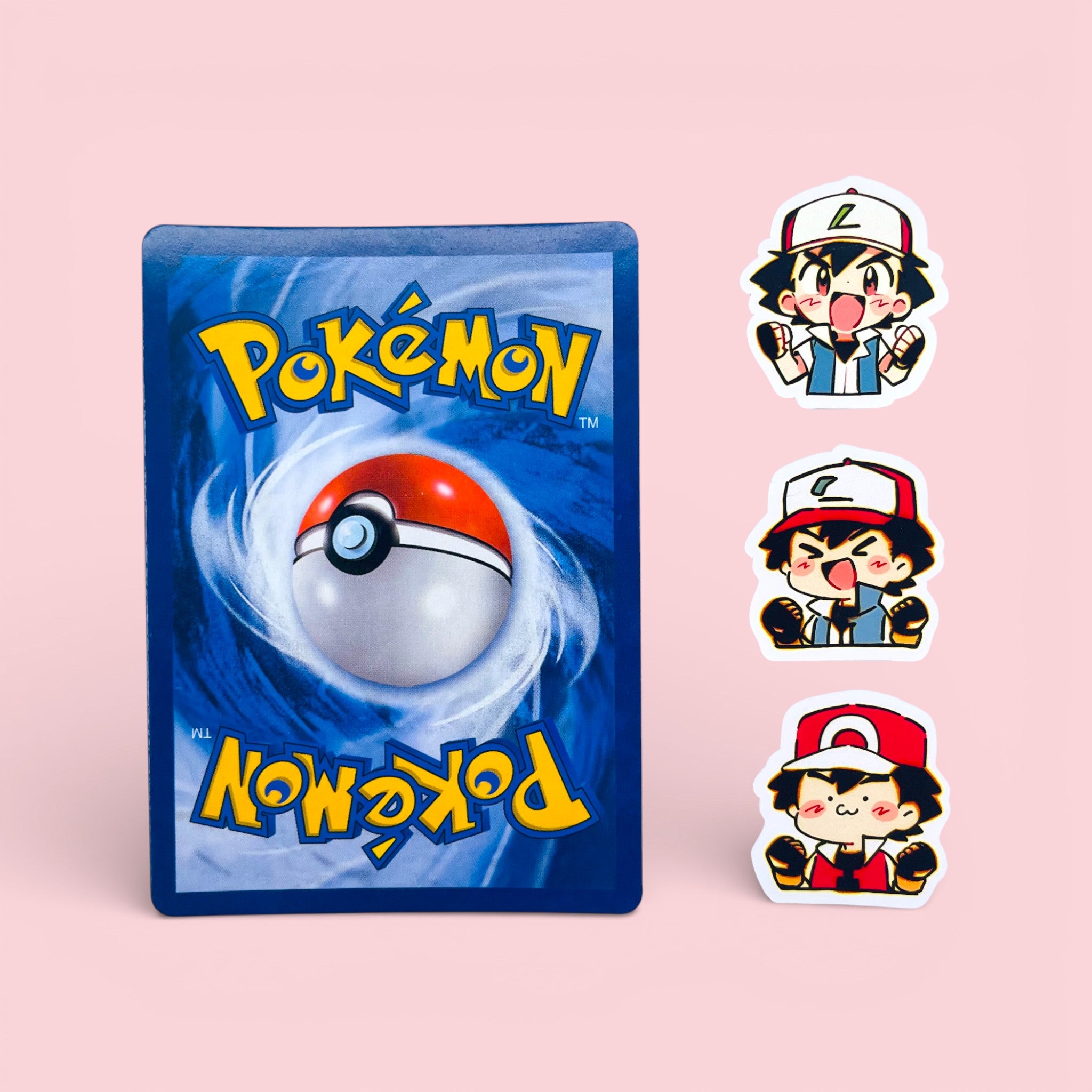 Ash Ketchum chibi trainer stickers in medium sizes shown for size comparison