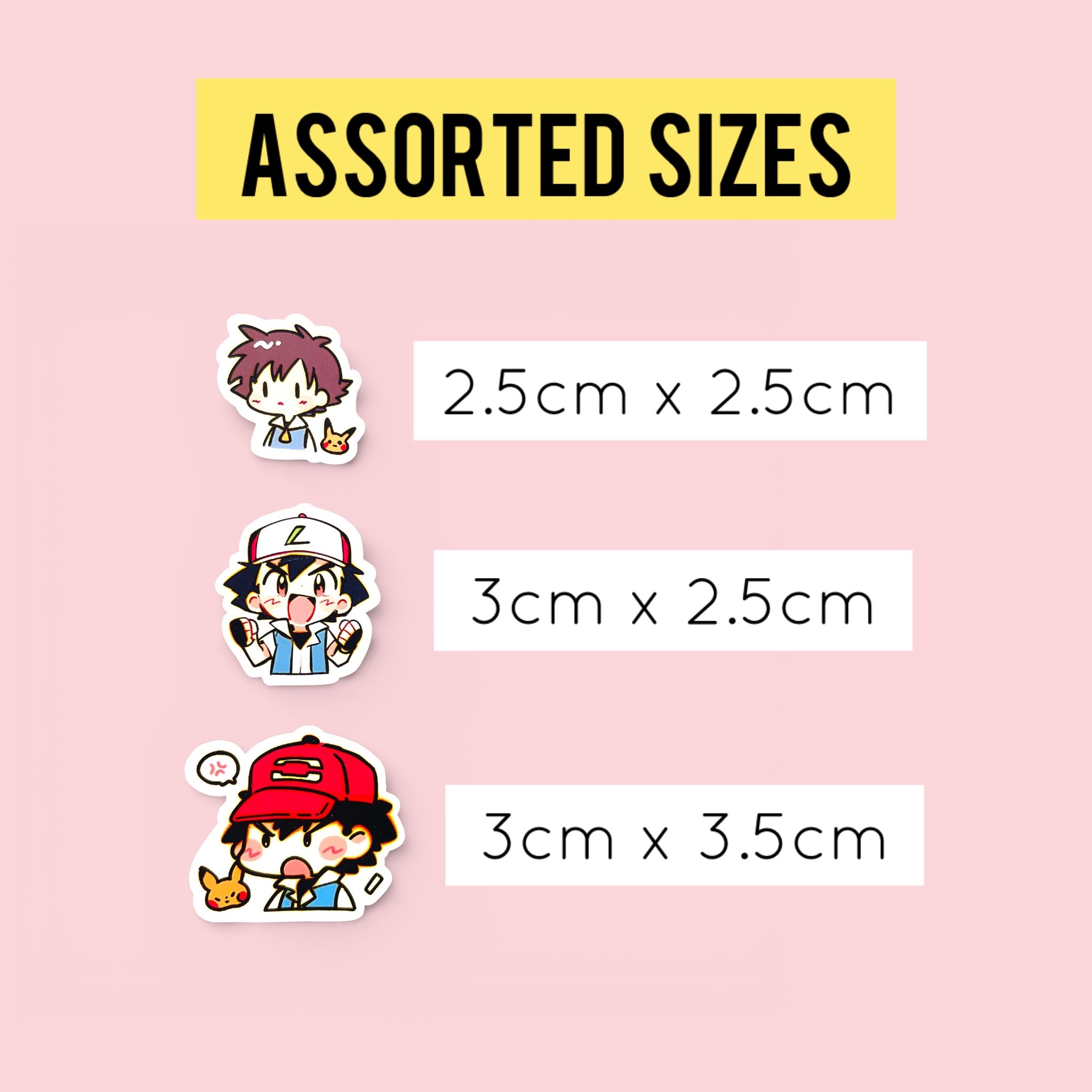 Ash Ketchum chibi trainer stickers in small and medium sizes shown for size comparison