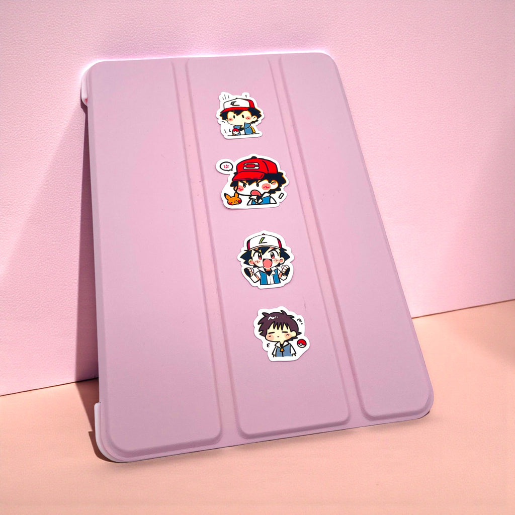 Ash Ketchum chibi mood stickers decorating a tablet