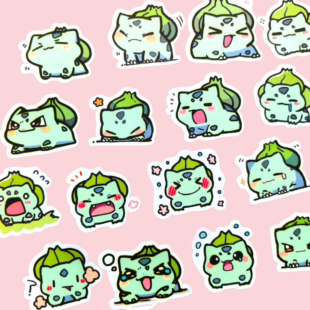 20 Bulbasaur chibi mini mood stickers arranged in a pastel kawaii collection