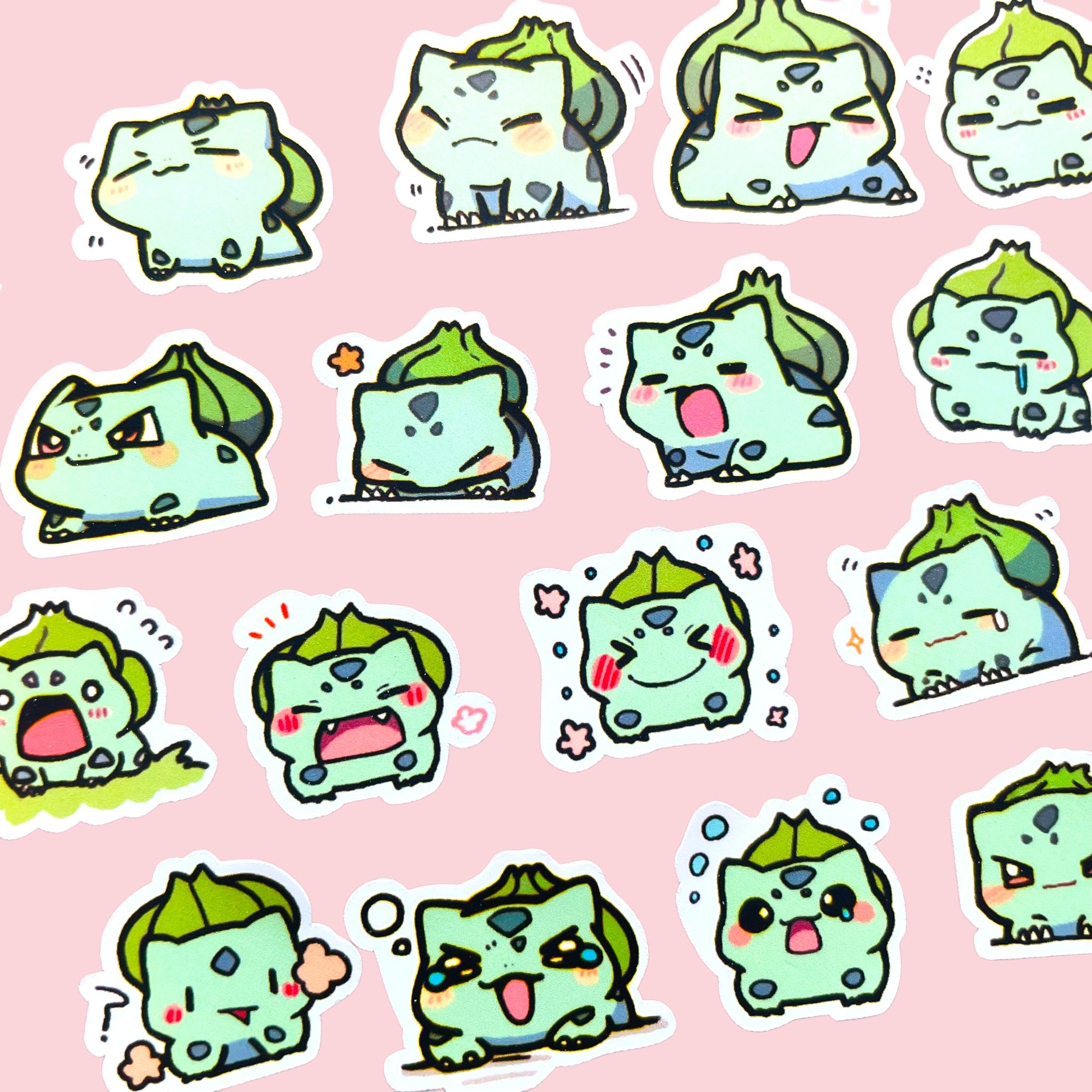 20 Bulbasaur chibi mini mood stickers arranged in a pastel kawaii collection