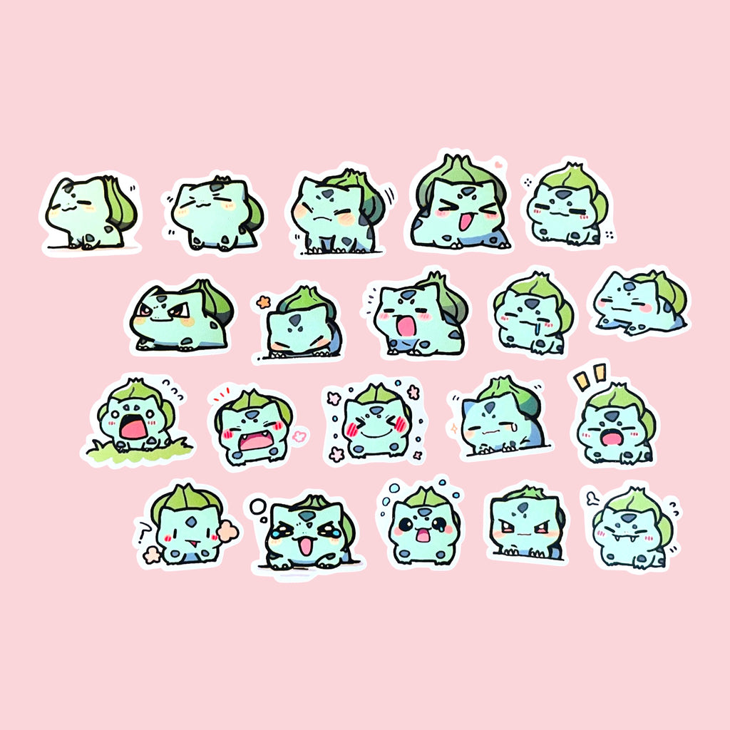 20 Bulbasaur chibi mini mood stickers arranged in a pastel kawaii collection