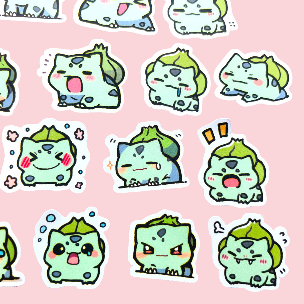 20 Bulbasaur chibi mini mood stickers arranged in a pastel kawaii collection