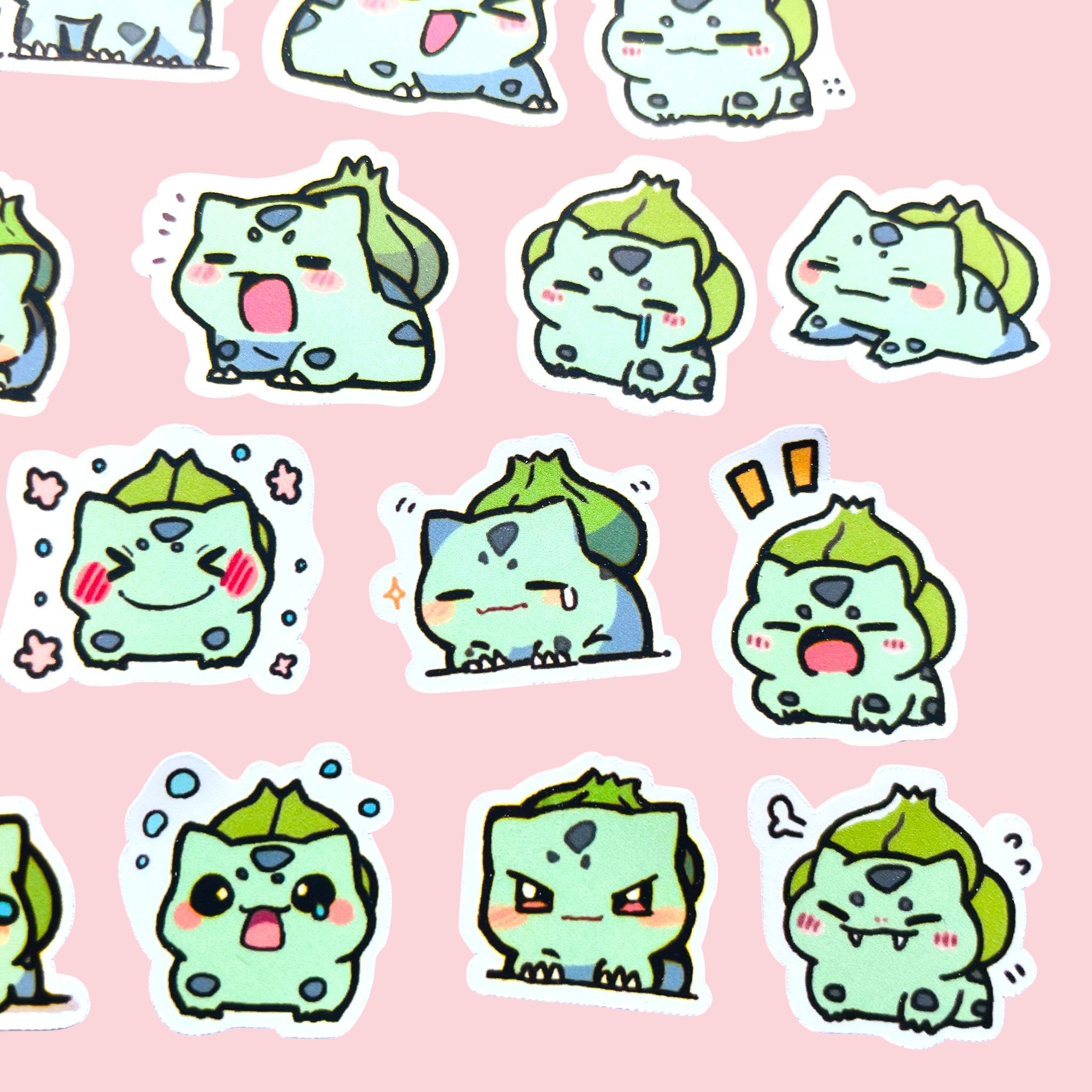 20 Bulbasaur chibi mini mood stickers arranged in a pastel kawaii collection