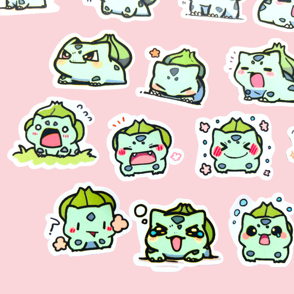 20 Bulbasaur chibi mini mood stickers arranged in a pastel kawaii collection