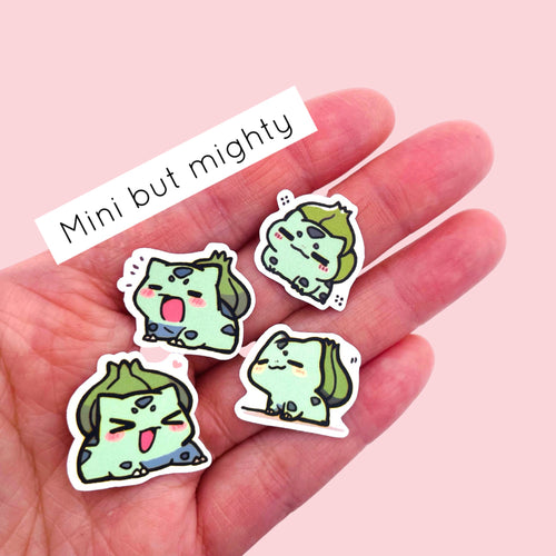 Close up of Bulbasaur chibi mini stickers with expressive pastel moods