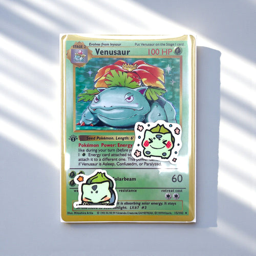 Bulbasaur chibi mini stickers decorating a photocard toploader