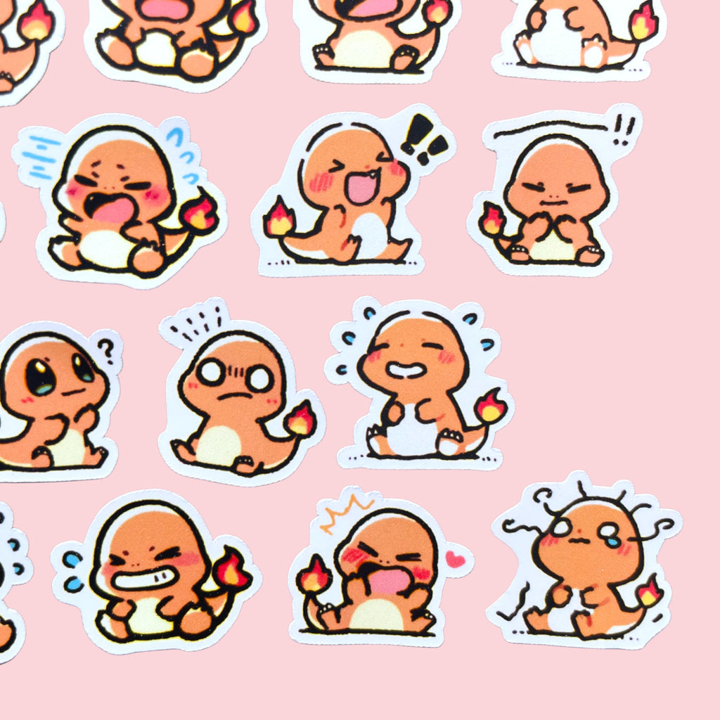 Close up of Charmander chibi mini stickers with expressive pastel moods
