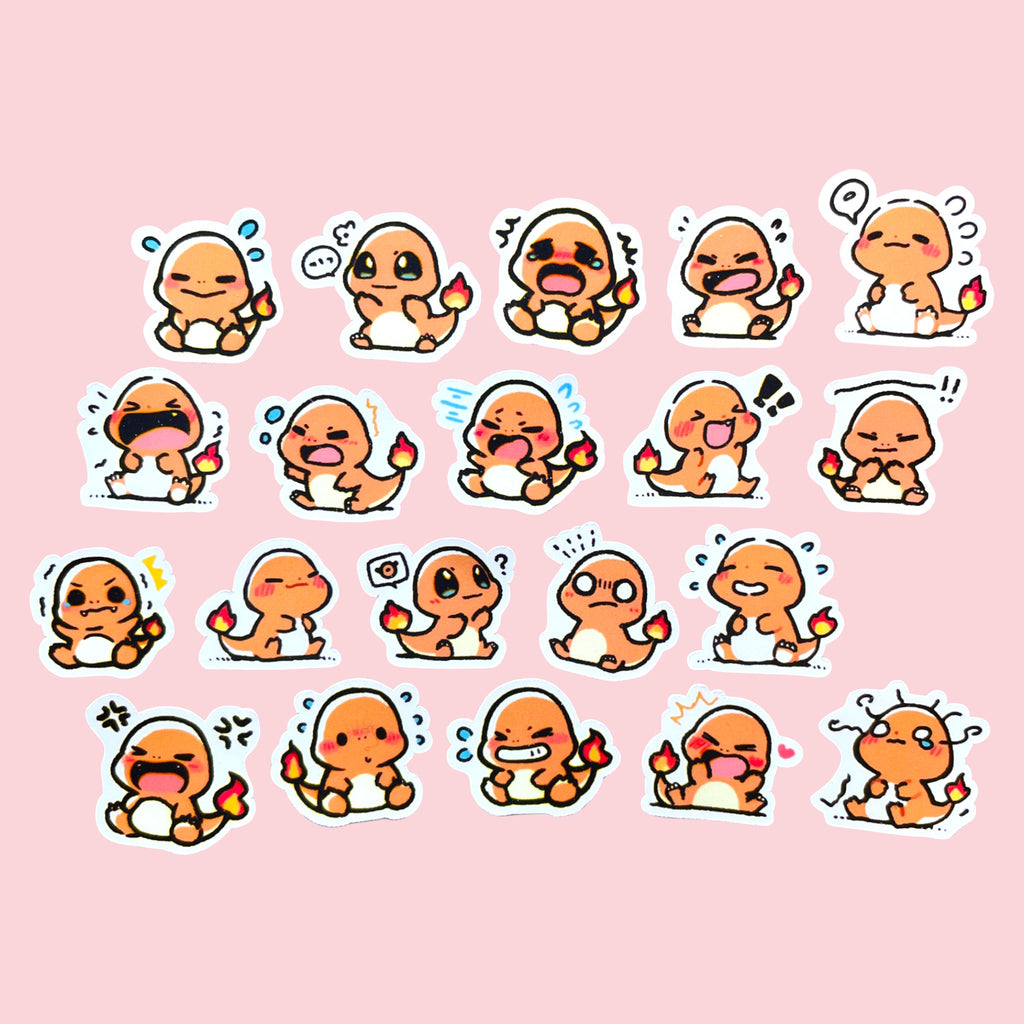 20 Charmander chibi mini mood stickers arranged in a pastel kawaii collection