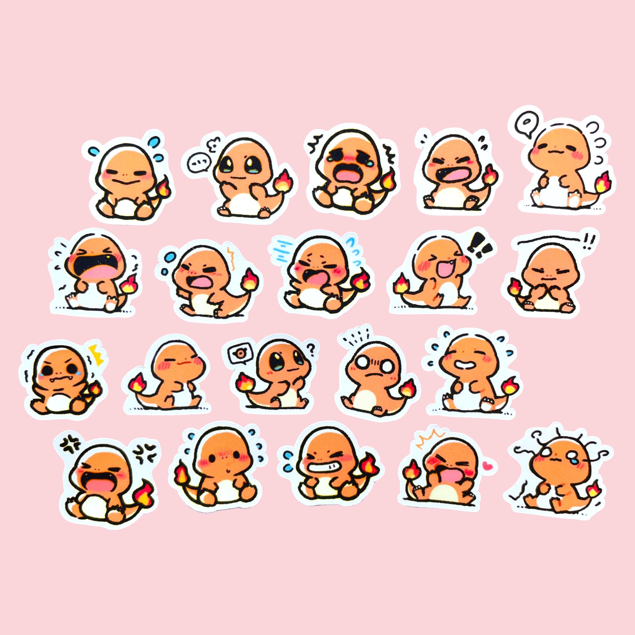 20 Charmander chibi mini mood stickers arranged in a pastel kawaii collection