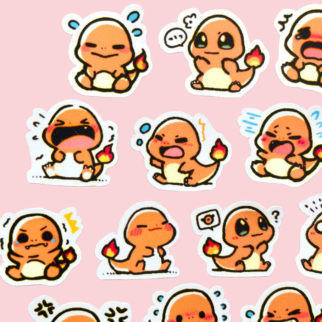20 Charmander chibi mini mood stickers arranged in a pastel kawaii collection