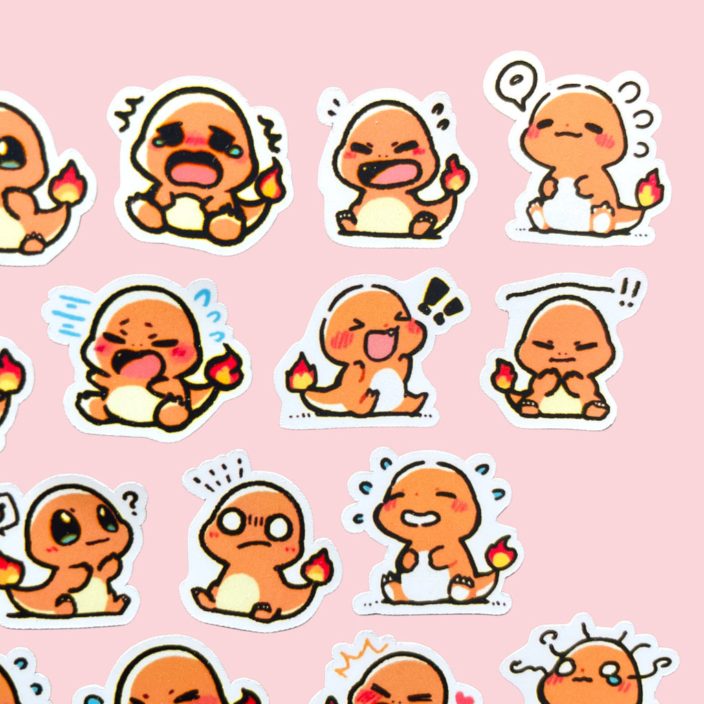 Close up of Charmander chibi mini stickers with expressive pastel moods