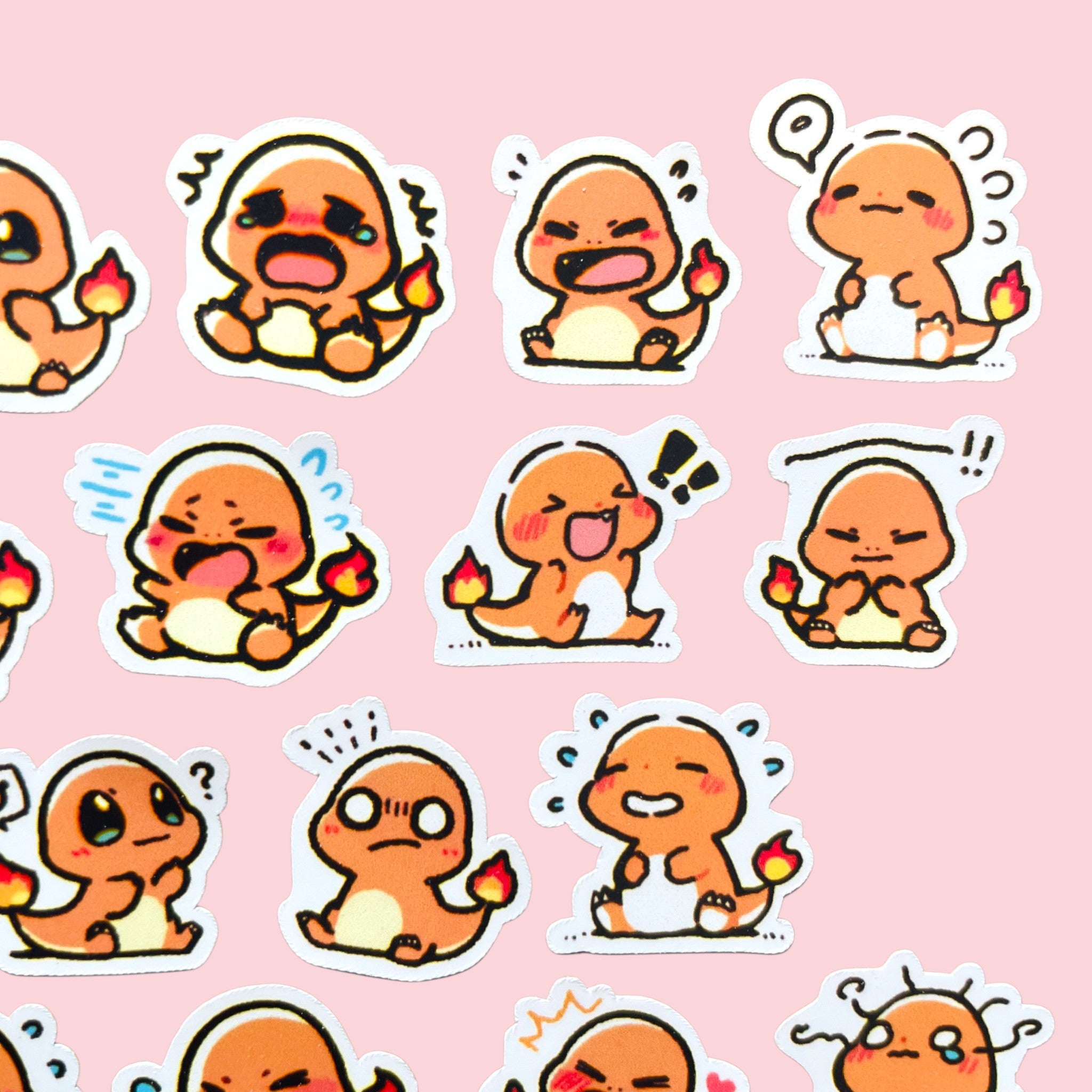 Close up of Charmander chibi mini stickers with expressive pastel moods
