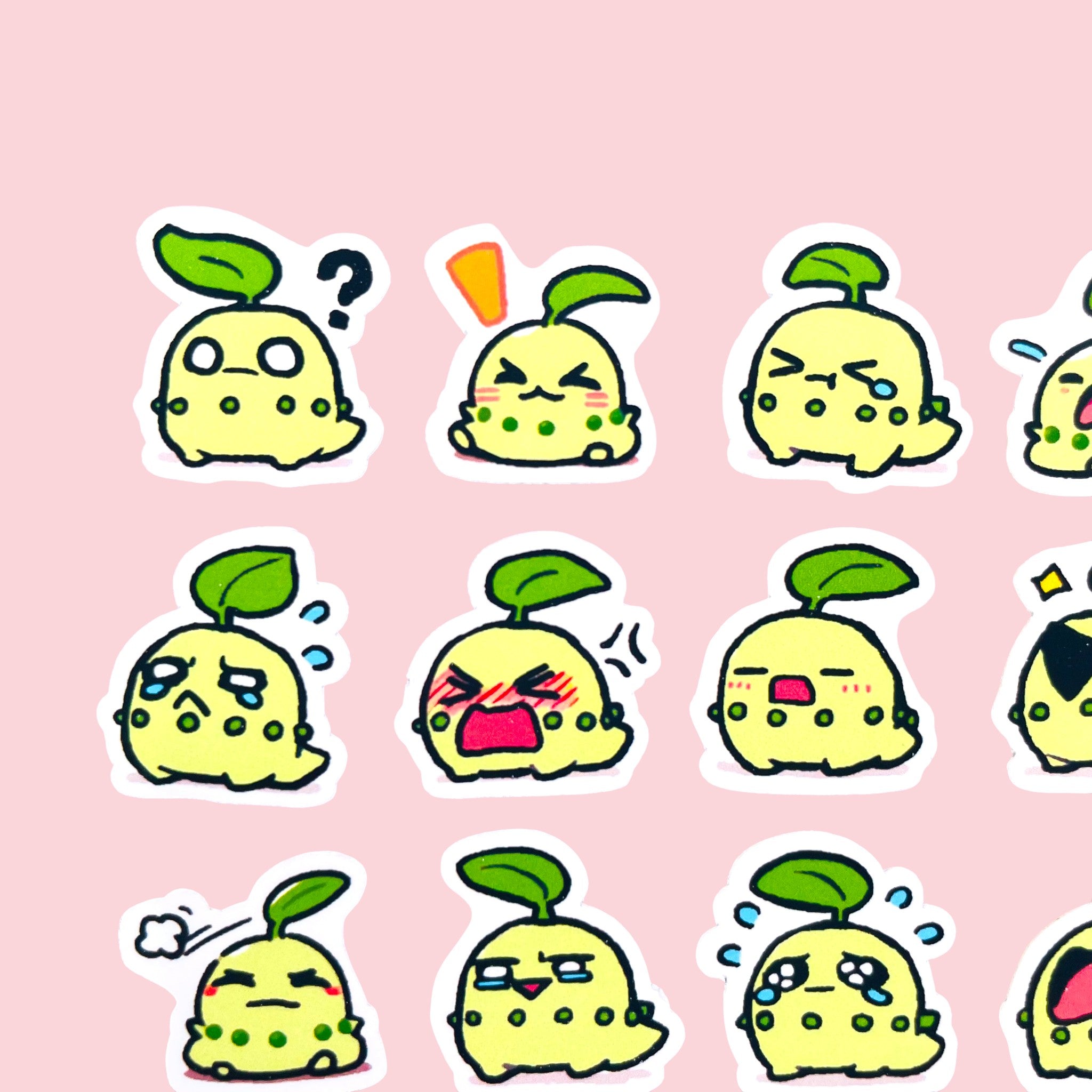 20 Chikorita chibi mini mood stickers arranged in a pastel kawaii collection
