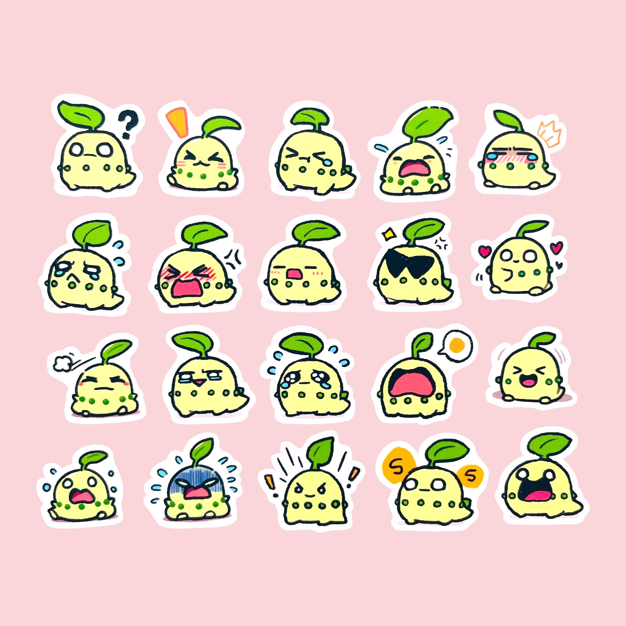 20 Chikorita chibi mini mood stickers arranged in a pastel kawaii collection