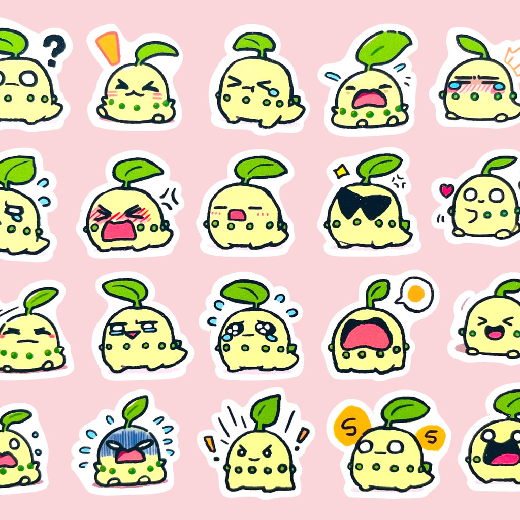 Chikorita mini sticker set with 20 kawaii chibi mood stickers for journals planners and toploaders