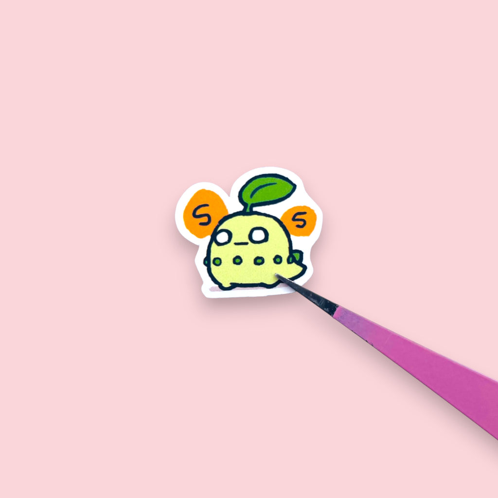 Close up of Chikorita chibi mini stickers with expressive pastel moods