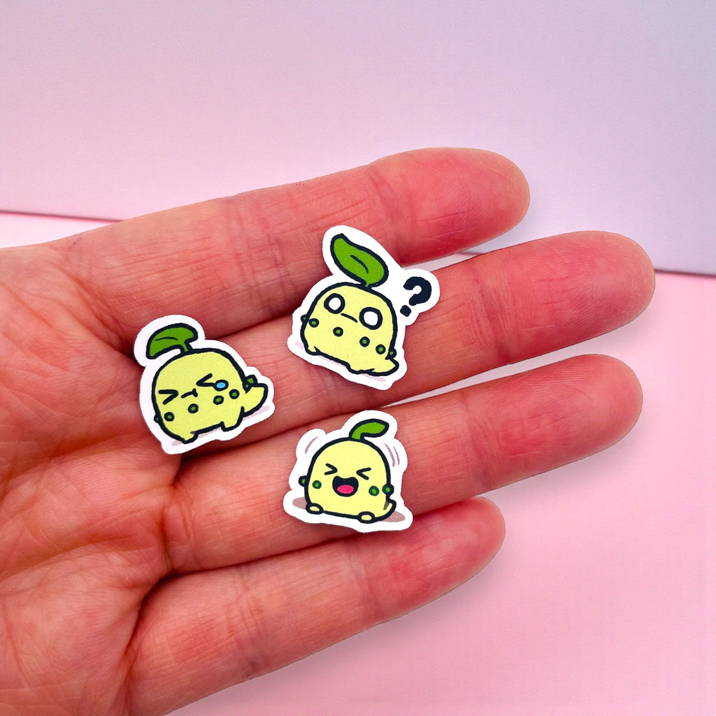 Close up of Chikorita chibi mini stickers with expressive pastel moods