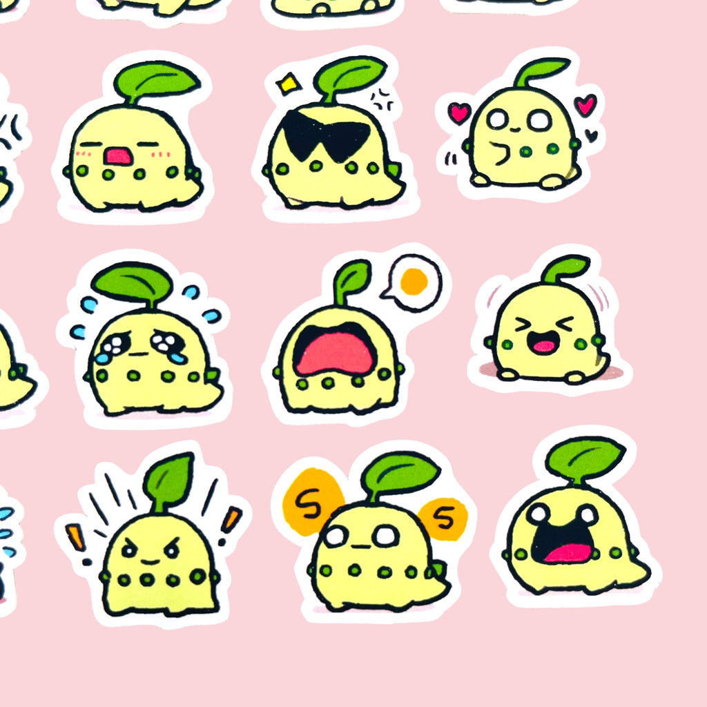 20 Chikorita chibi mini mood stickers arranged in a pastel kawaii collection