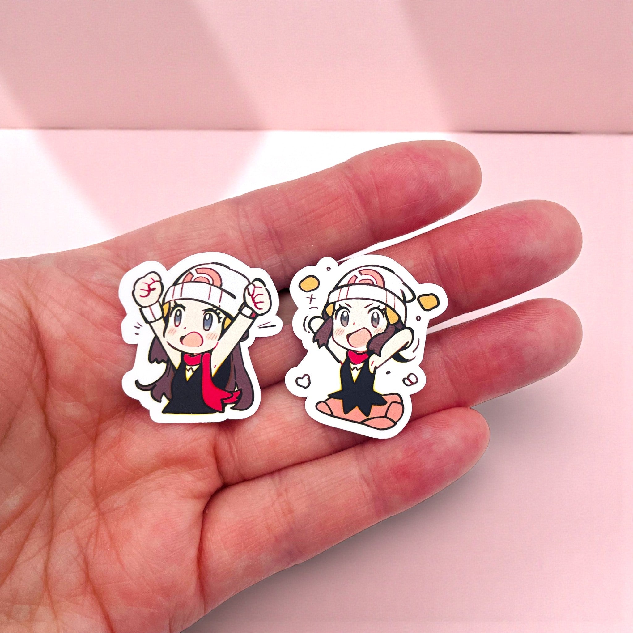 Close up of Dawn chibi trainer stickers with expressive anime moods