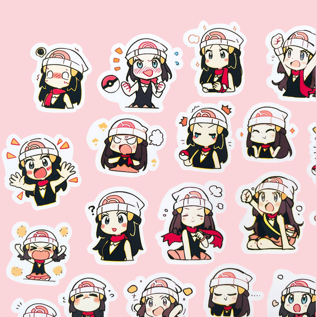 40 Dawn chibi trainer mood stickers arranged in a pastel kawaii collection