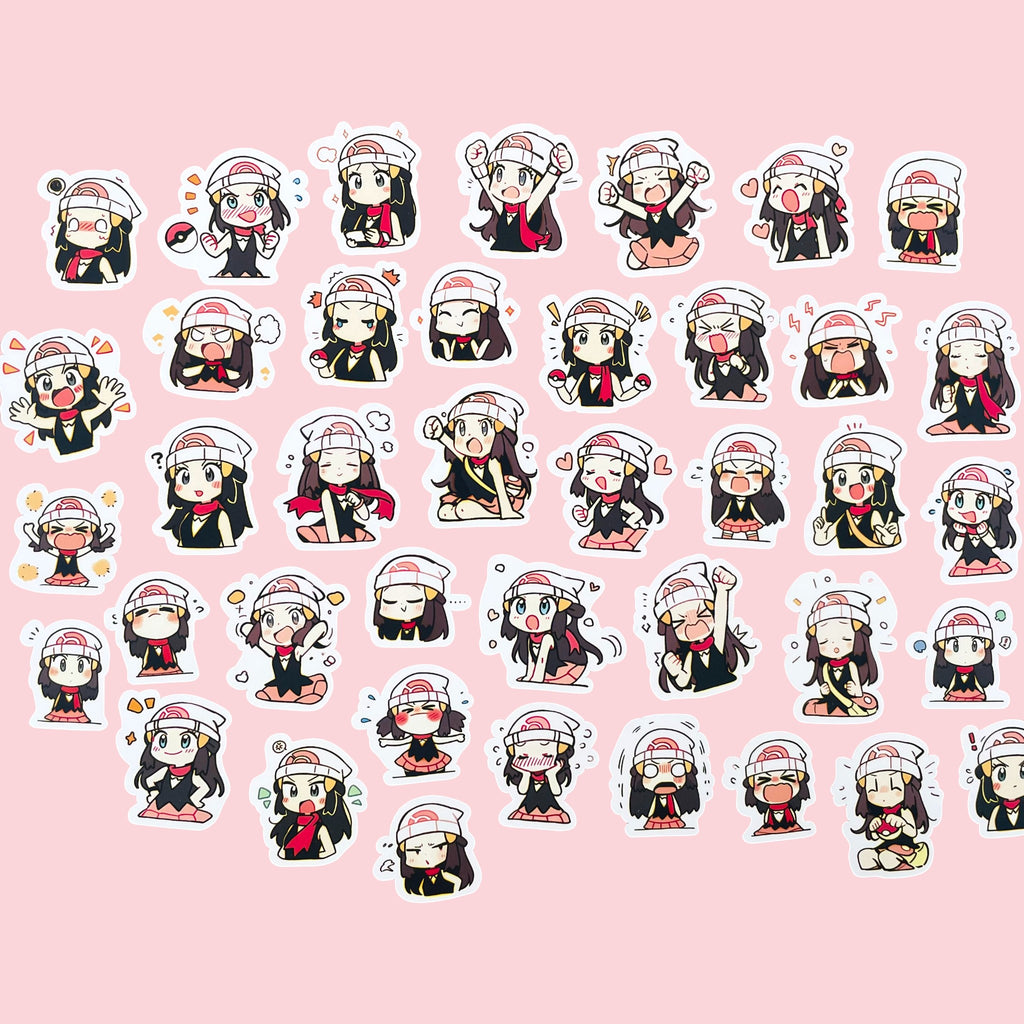 40 Dawn chibi trainer mood stickers arranged in a pastel kawaii collection