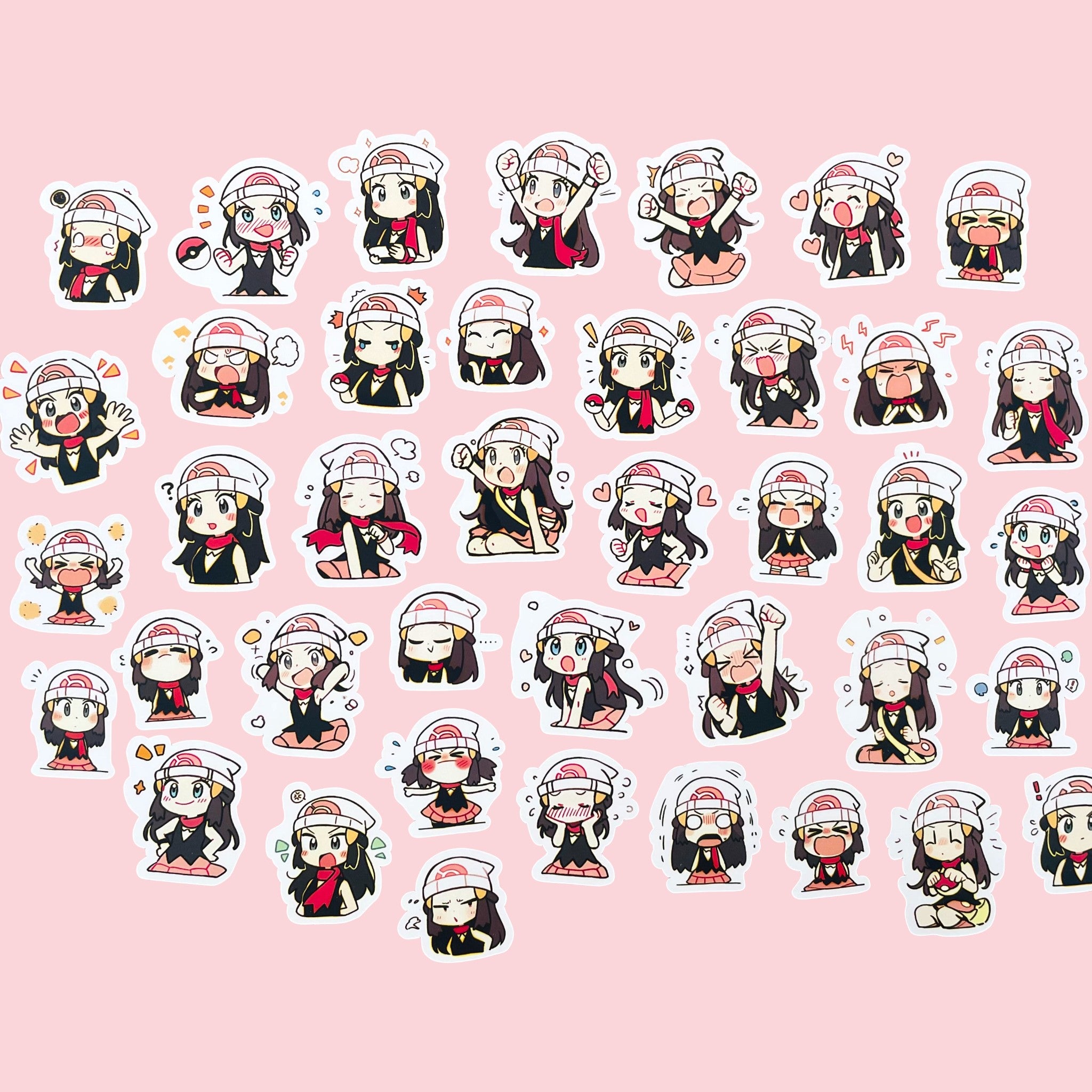 40 Dawn chibi trainer mood stickers arranged in a pastel kawaii collection